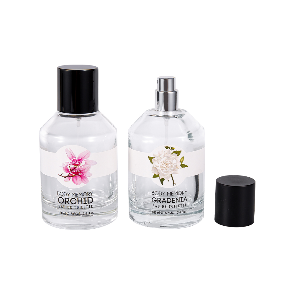 KY1603-WJ2388 100 мл стеклянный флакон духов с печатной наклейкой и цилиндрической блестящей матовой черной крышкой из полипропилена